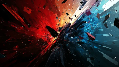 Colliding red and blue energy shards erupt in abstract space