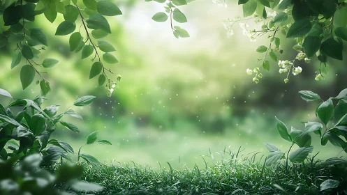 Lush Green Forest Clearing with Sunlight, Dreamy Nature Art.