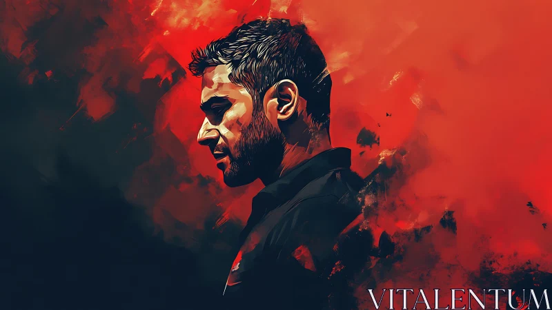 Side profile portrait of man on red abstract background.