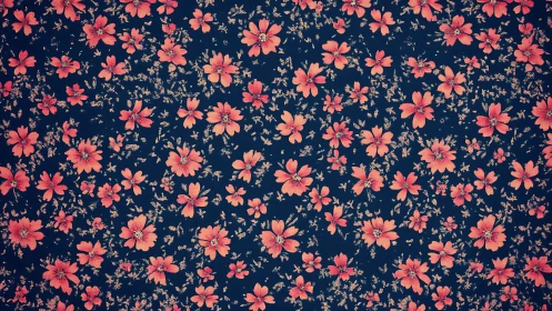 Coral cosmos blossoms scatter across deep navy textile field.