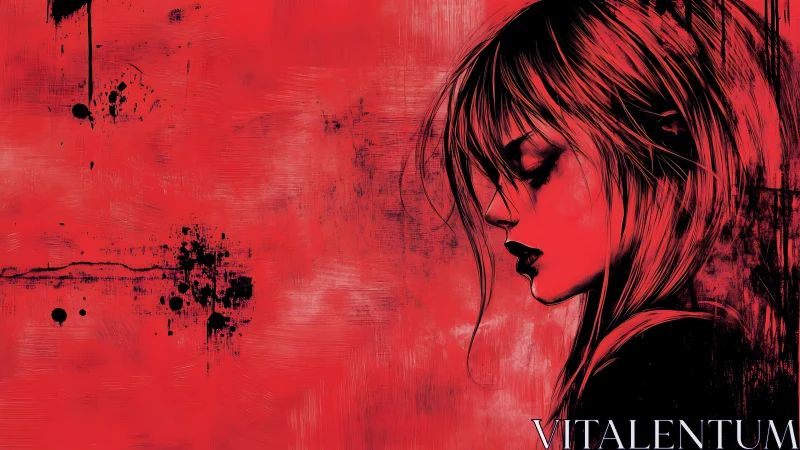 Crimson profile portrait with expressive ink bleed textures.