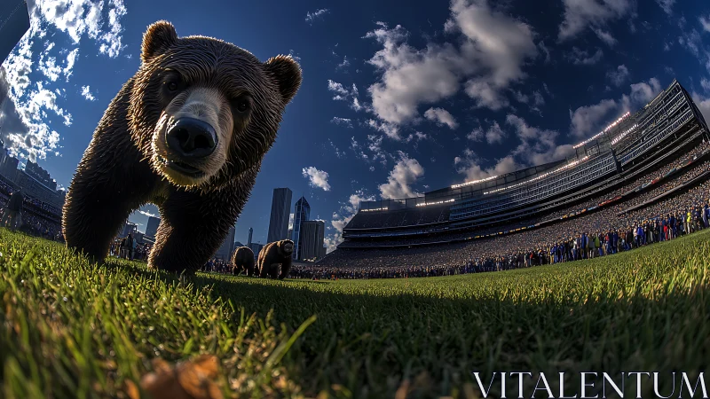 Ultra-wide stadium view distorts foreground bear sculpture dramatically