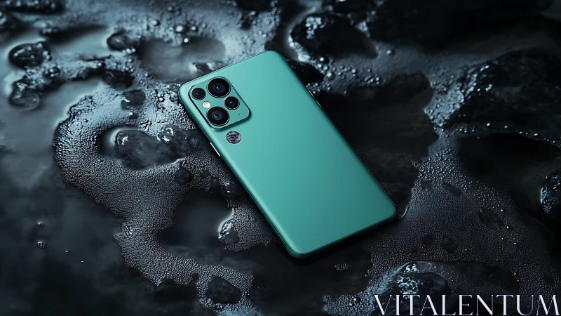 Emerald smartphone drifts over moody dark liquid terrain.