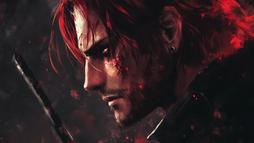 Scarred warrior lowers his blade and gathers quiet resolve