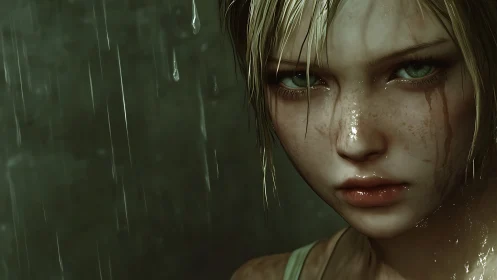 Rain-soaked heroine stares forward with fierce resolve