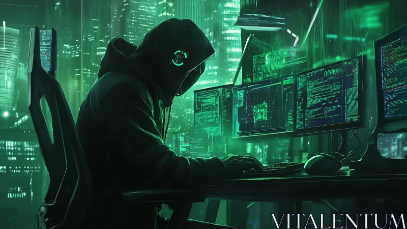 Hooded operator monitors multi-screen cyber intrusion in neon city