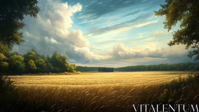 Sunlit cereal field under cumuliform sky dynamics at horizon.