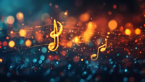 Glowing musical notes over abstract bokeh soundscape.
