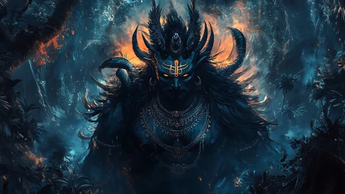 Mythic horned deity emerges from bioluminescent jungle inferno