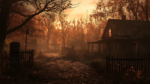 Golden autumn lane welcomes a quiet countryside cottage glow