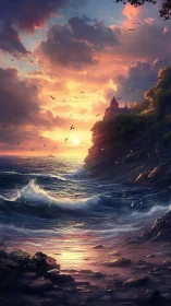 Clifftop castle above sunset surf with luminous sky palette.