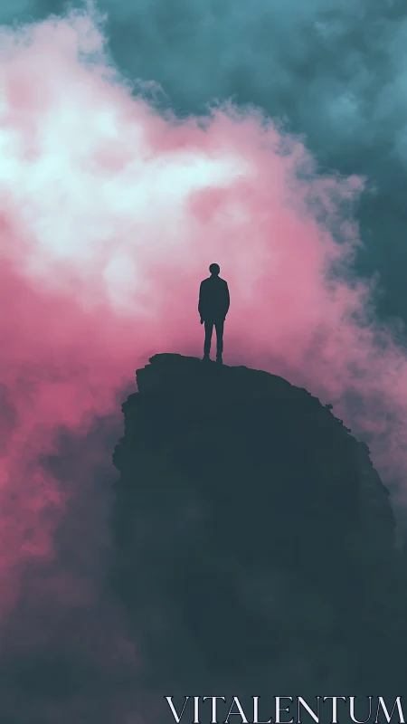 Silhouetted figure on cliff amid cyan and magenta storm clouds