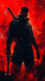 Crimson inferno warrior emerging from swirling shadows.