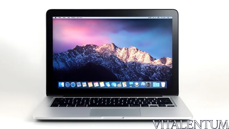 Silver laptop computer with mountain desktop wallpaper.