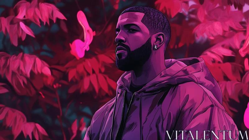 Man in hooded jacket amid pink foliage at dusk.