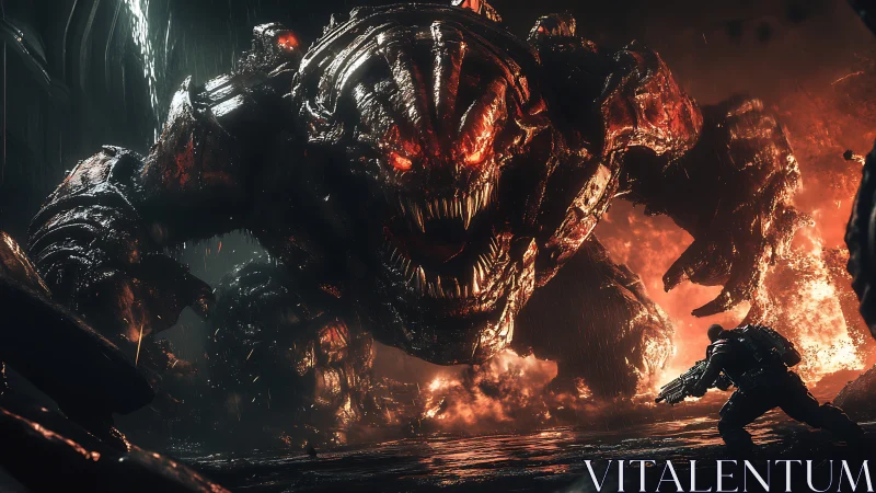 Armored infernal creature confronting armed soldier in fire.