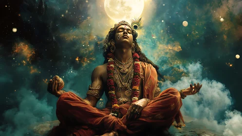 Meditative figure seated under full moon in dense starfield