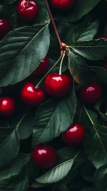 Glistening ripe cherries nestle softly among deep green leaves