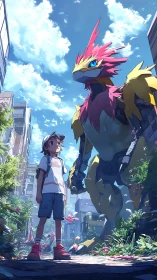 Boy and avian mecha companion in sunlit urban alleyway