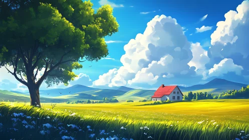 Rural house in open field under large clouds and tree.