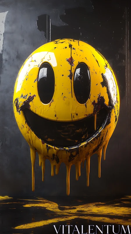 Dripping yellow smiley face on dark textured wall.