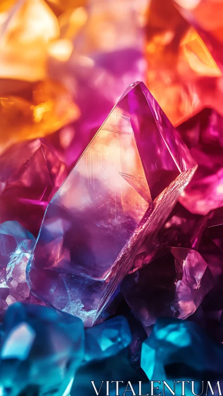 Radiant crystal cluster glows in lush neon rainbow light