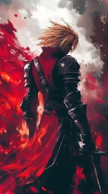 Lone crimson knight stands amid swirling battle flames