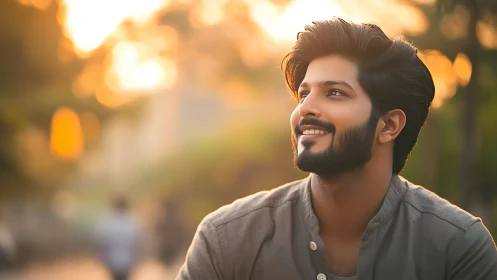 Golden hour portrait of smiling man with soft bokeh glow.