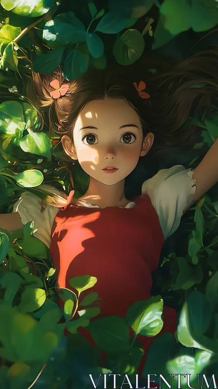 Sunlit anime girl in red dress lying amid verdant foliage