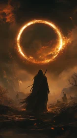 Dark robed wanderer beneath blazing celestial fire ring.