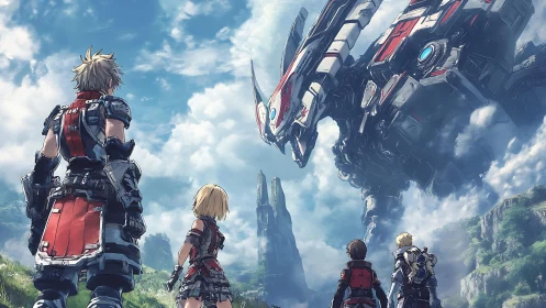Armored heroes confront towering mecha in open sky valley.