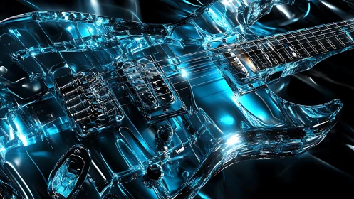 Shimmering glass electric guitar glows in vivid blue light