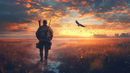 Sunset wanderer crossing misty field beneath soaring hawk.