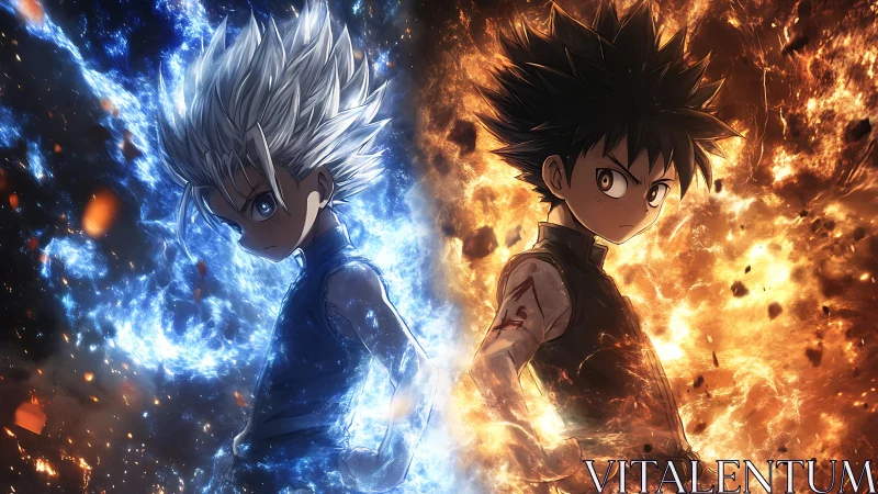 Fiery and icy anime rivals glowing with bold, elemental power.