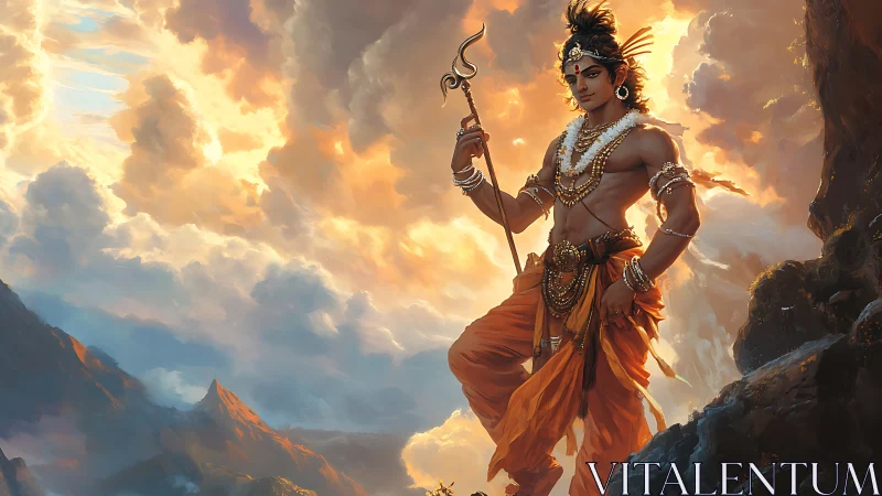 Radiant mountain guardian resting under glowing skies.