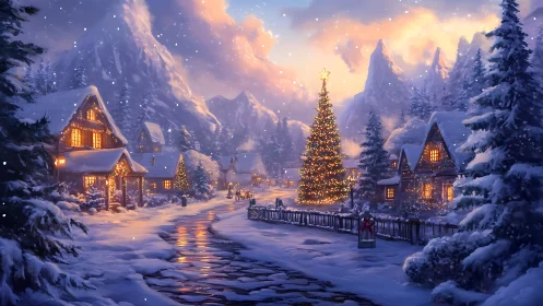 Snowy village street centers tall decorated Christmas tree