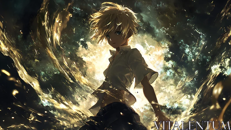 Backlit anime boy amid swirling golden energy vortex field