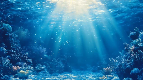 Sunlit underwater coral reef scene with clear blue water.