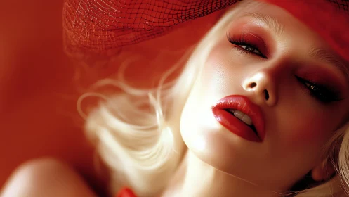 Close portrait shows stylized woman with red makeup and hat