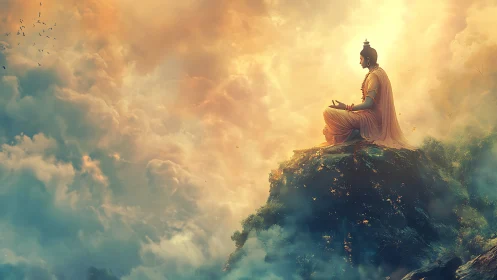 Meditative sage on sunlit cloud peak in ethereal glow.