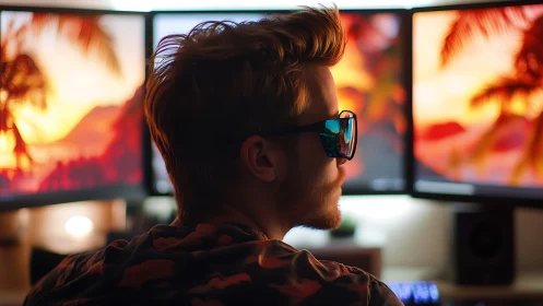 Man wearing sunglasses at multi-monitor workstation.