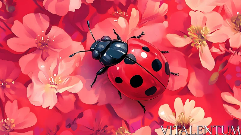 Ladybug rests on neon pink blossoms in vivid focus.