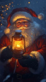 Santa in red winter coat holding glowing lantern at night