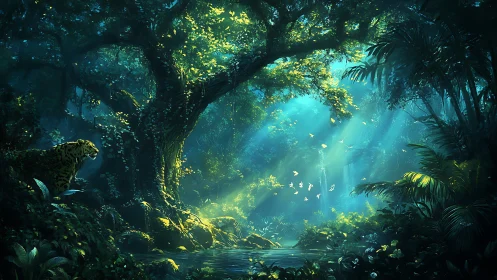 Submerged Cavern with Bioluminescent Flora and Aquatic Light.