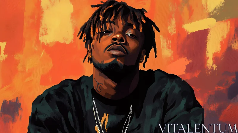 Digital portrait of man against abstract orange backdrop.