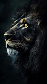 Midnight monarch lion with ember-bright regal gaze.