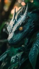 Green scaled dragon head emerging from dense foliage.