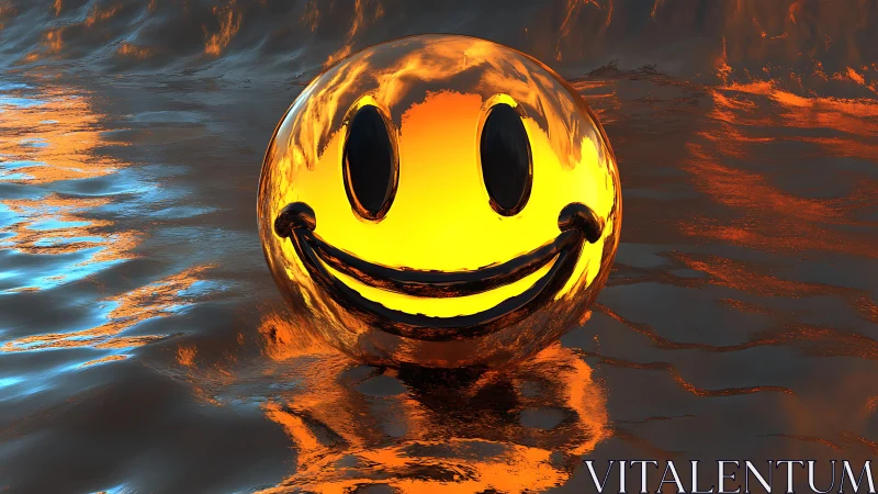 Metallic smiley sphere floating on reflective rippled water.
