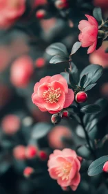 Pink Camellia Flowers with Green Foliage in Botanical Setting