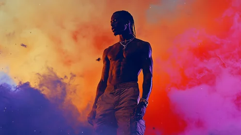 Shirtless man stands in colored smoke under dramatic lighting